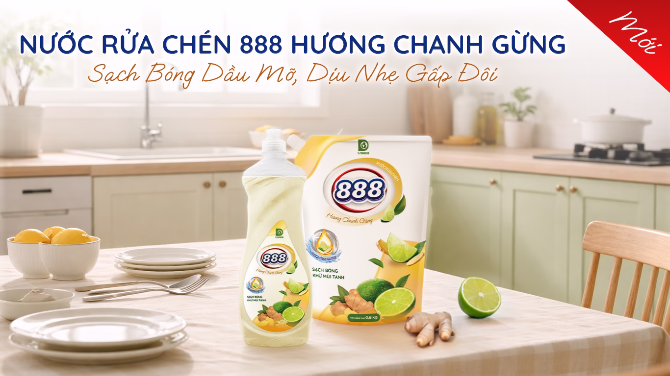 Nước Rửa Chén 888 Hương Chanh Gừng: Sạch Bóng Dầu Mỡ, Dịu Nhẹ Gấp Đôi